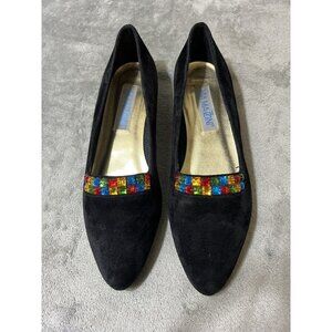 Vtg Women’s Size 10 Via Mazzini Black Suede Bejeweled Flats Classic 90s Modest